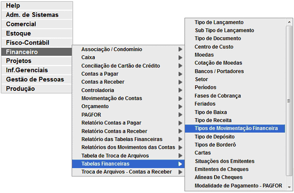 Cadastros Tabelas Financeiras Tipos De Movimentação Financeira 7120